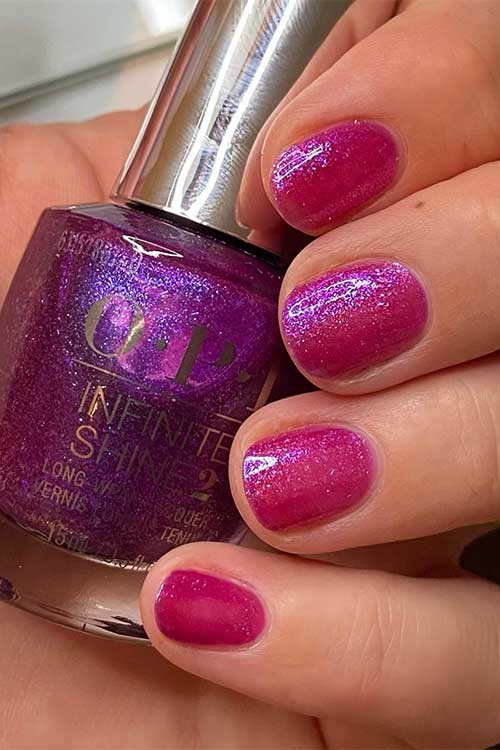 Short shimmery violet nails using OPI Feelin' Libra-ted from OPI Big Zodiac Energy Collection 2023