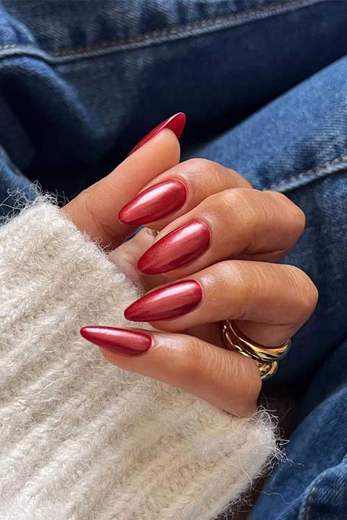 Simple red chrome almond nails Simple red chrome almond nails