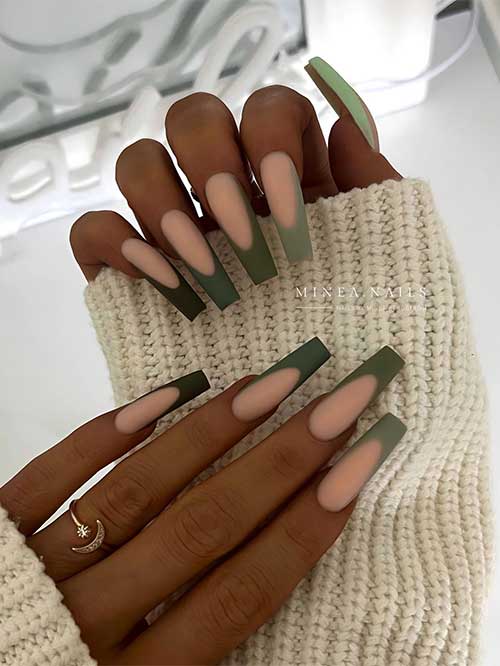 Long coffin matte green French tip nails in different hues