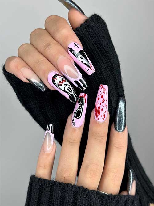 Long coffin-shaped black and light purple scream nails feature a ghost face, knife, telephone speaker, and blood-splatter
