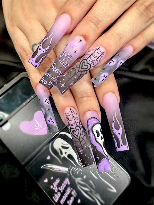 Long ombre black ombre nails with light purple ghosts, cobwebs, flames, celestial nail art, and a scary ghost face.