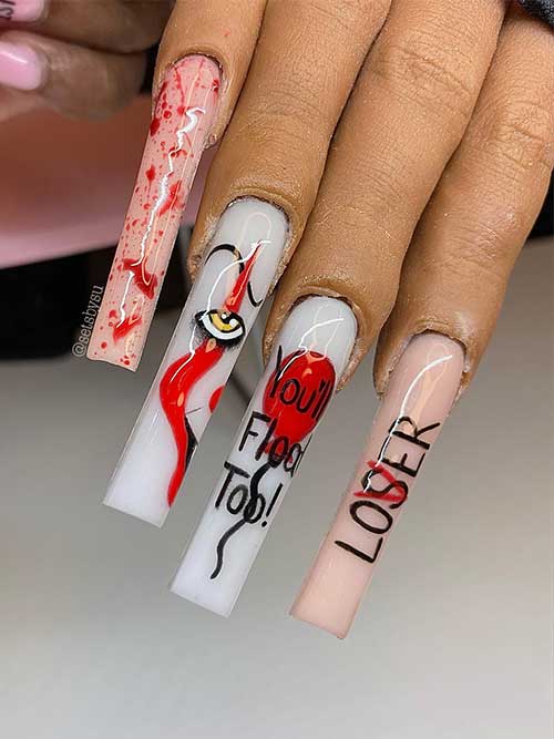 Long square-shaped IT Nails feature a pennywise face and a red balloon with “You’ll Float Too” words on two milky white nails