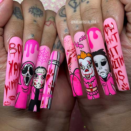 Spooky Pink Halloween nails feature scary characters such as Pennywise and Scream Face, bats, blood nail art