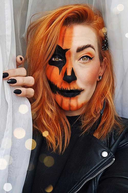 Halloween half pumpkin face makeup Halloween half pumpkin face makeup