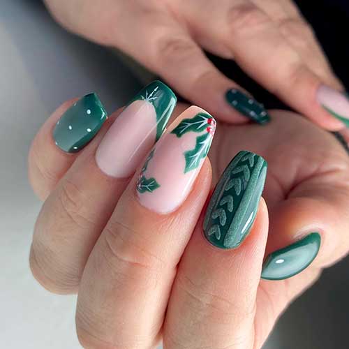 Coffin dark green nails feature an accent nail with holly leaves, a French tip with a snowflake, and white dots accent