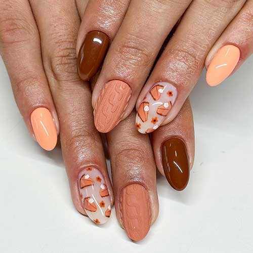 Cute Thanksgiving Nails 2023 features a peach nail, a matte nude sweater nail, a chocolate brown nail, and a milky white nail