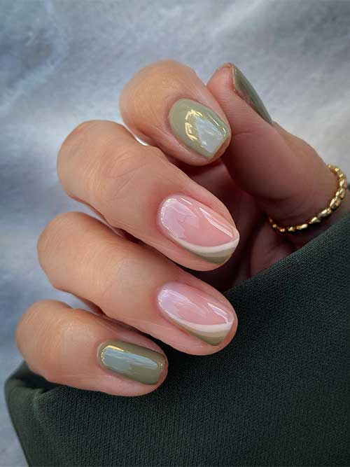 Dark sage green short nails with two accent triple French nails using white, light, and dark sage green colors.
