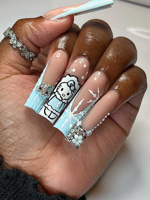 Long square shaped Ligh blue French Hello Kitty Xmas nails with silver rhinestones and white snowflakes