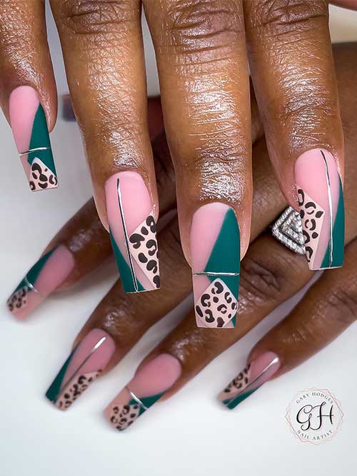 Matte coffin nude pink nails with geometric dark green and beige with Cheetah prints with a metallic silver line on each nail