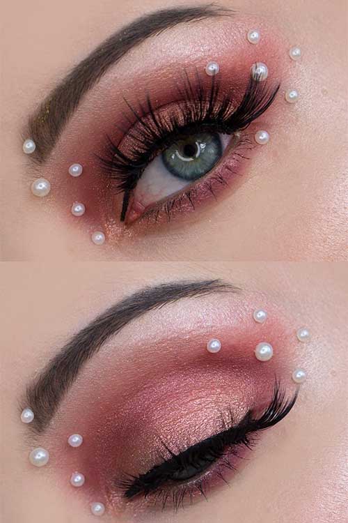 Stunning Christmas or New Year's Eve pearly makeup look features sparkling petal pink with gold eyeshadow and white pearls
