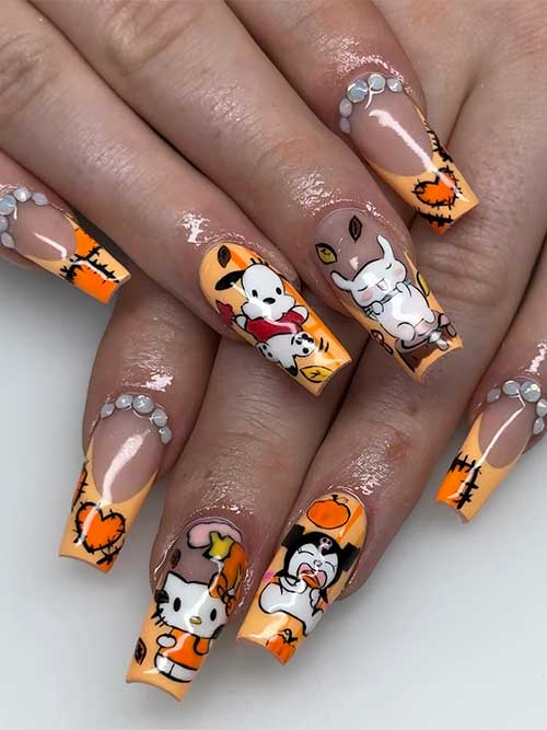Yellow French Thanksgiving nails 2023 coffin shaped with orange pumpkins, kitty cats, orange patches with stitch nail art