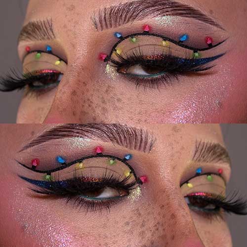 Festive Christmas lights makeup look with colorful shimmer winged eyeliner. And a touch of gold glitter on the inner eye corner