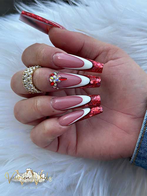  Long coffin nails with white and red glitter double French manicure. Besides, silver and red rhinestones on an accent nail