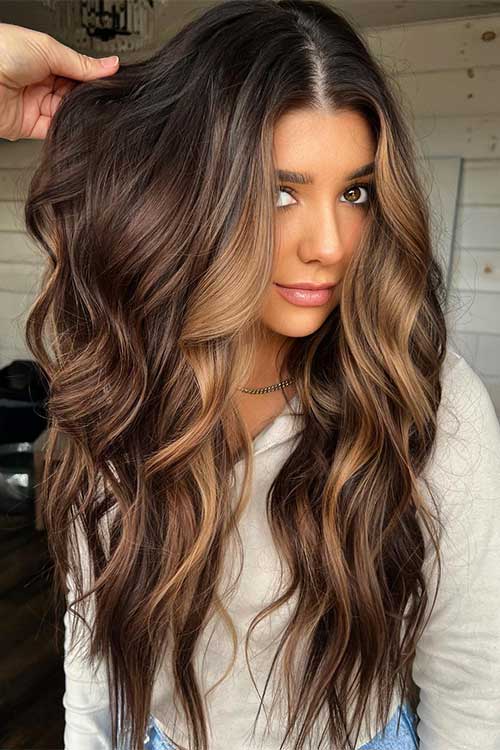 Long hair dyed in Chocolate brown balayage hair