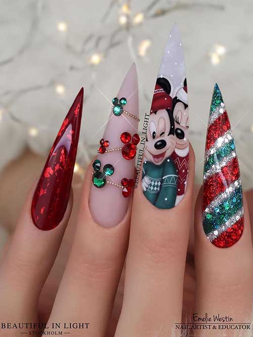 Long red and green sparkling Christmas nails feature glitter candy cane nail art, and Mickey and Minnie Mouse nail art