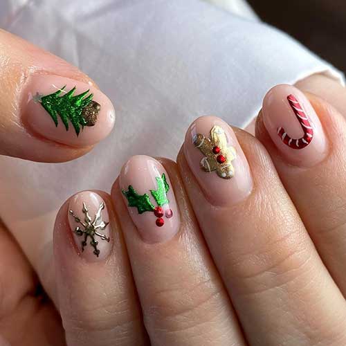 Short Nude Christmas Nails with Multiple Christmas Motifs