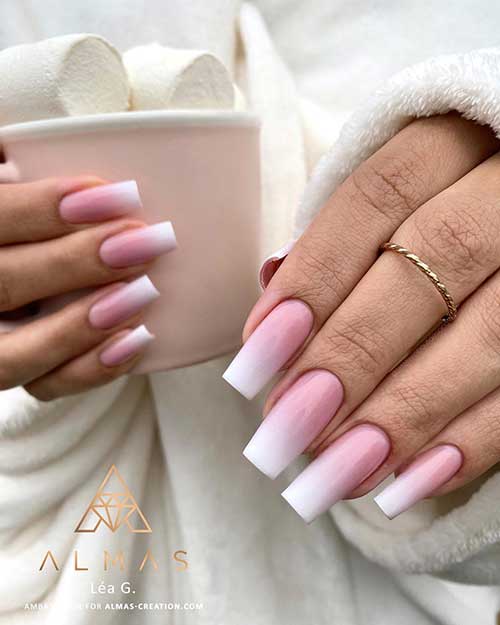 Classy and simple long square-shaped baby boomer nails