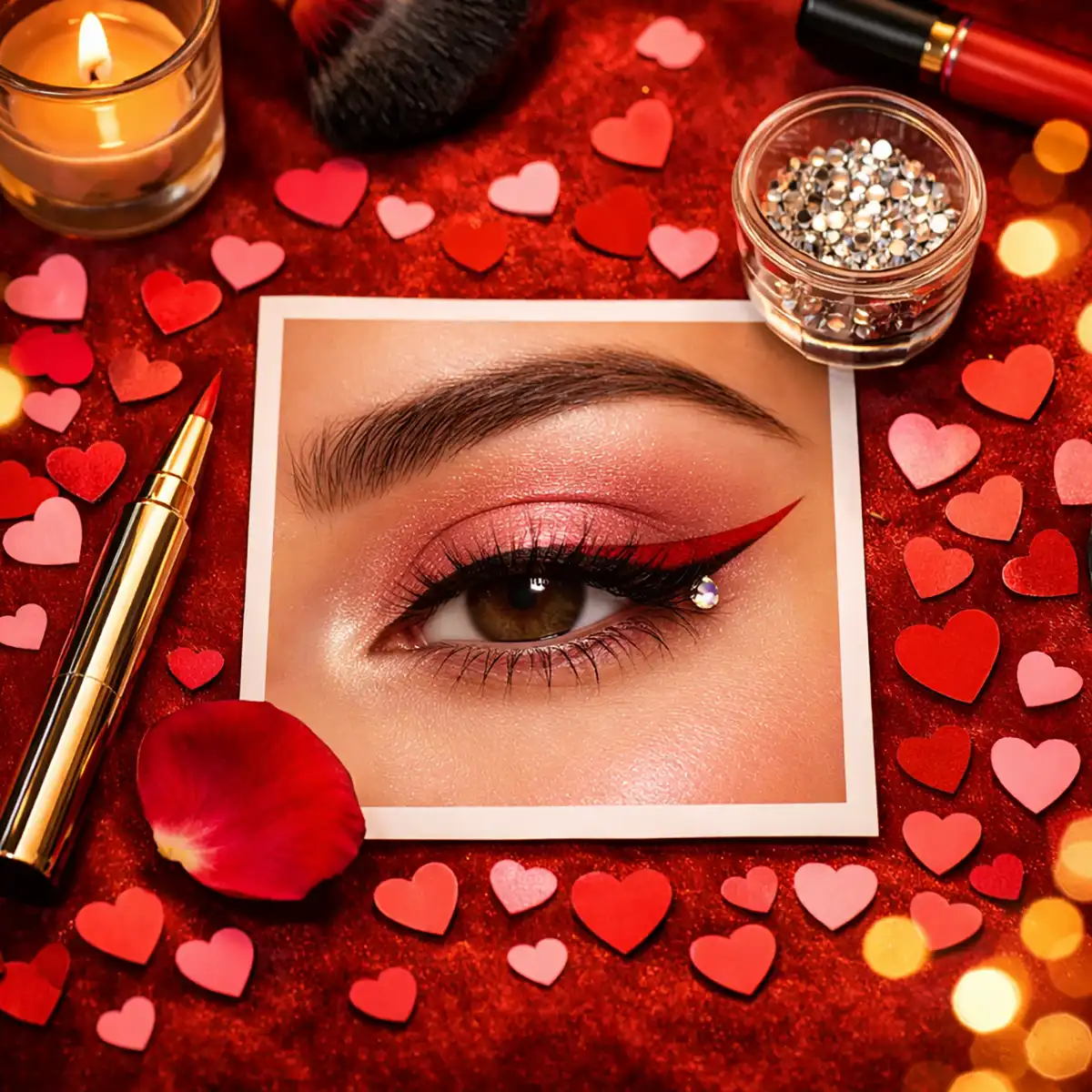 Close-up of Valentine's Day eye makeup featuring shimmer pink eyeshadow, red graphic liner, and a rhinestone at the inner corner, surrounded by heart-shaped confetti and beauty tools on a red velvet background