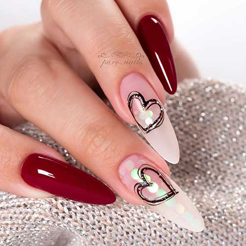 Long dark red Valentine’s Day nails with glittery French ombre nails are one of the perfect Valentine's nails ideas