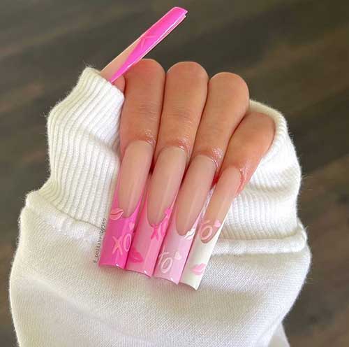 Long square-shaped different shades of pink Valentine’s nails French tip feature XO and lips nail art designs