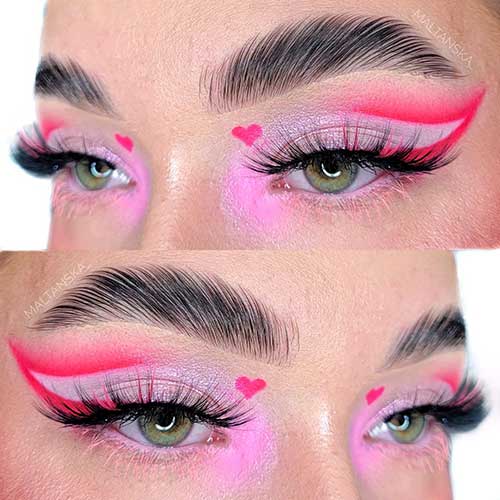 Pink and vibrant red Valentine’s Day eye makeup features nude pink eyeshadow on the eyelids and vibrant red graphical liner