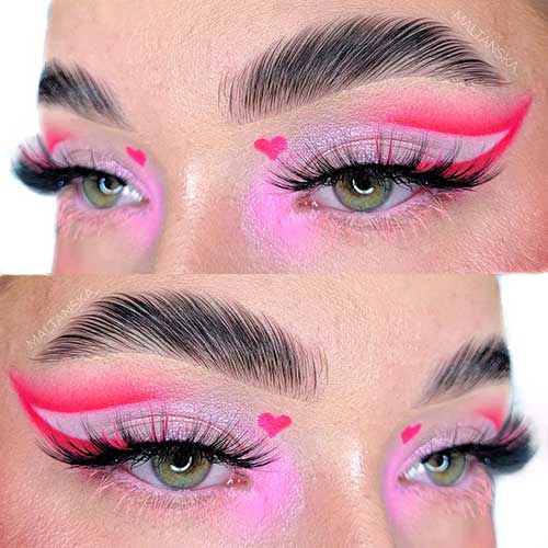 Pink and vibrant red Valentine’s Day eye makeup features nude pink eyeshadow on the eyelids and vibrant red graphical liner Pink and vibrant red Valentine’s Day eye makeup features nude pink eyeshadow on the eyelids and vibrant red graphical liner