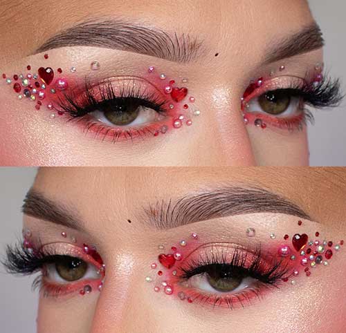 Subtle red Valentine's Day eye makeup with rhinestones around inner and outer eye corners