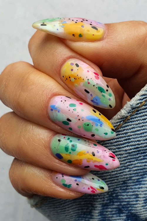 Long almond-shaped water color nails
