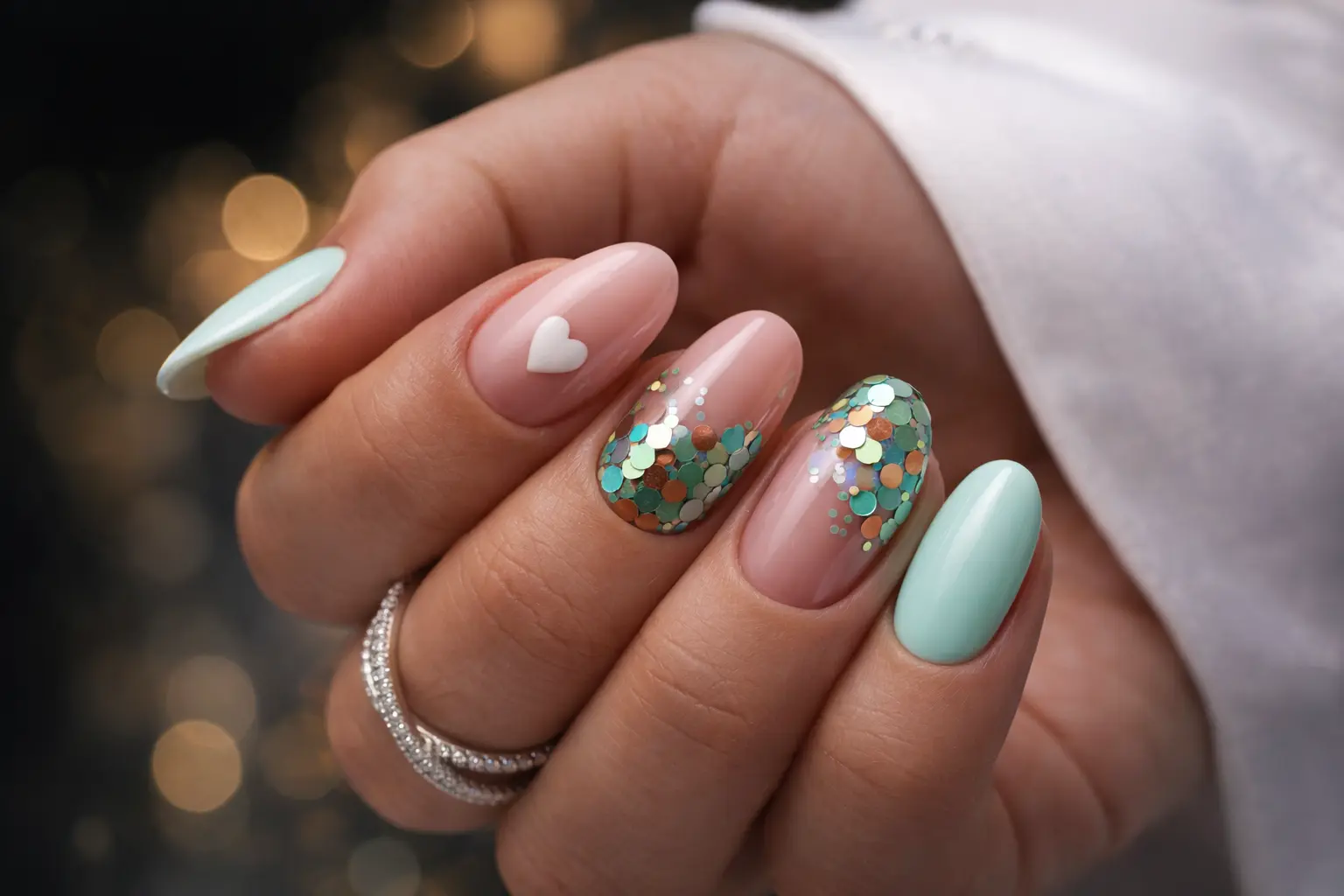 pastel valentine’s day nails featuring mint green and blush pink tones, shimmering sequins, and a minimalist white heart accent
