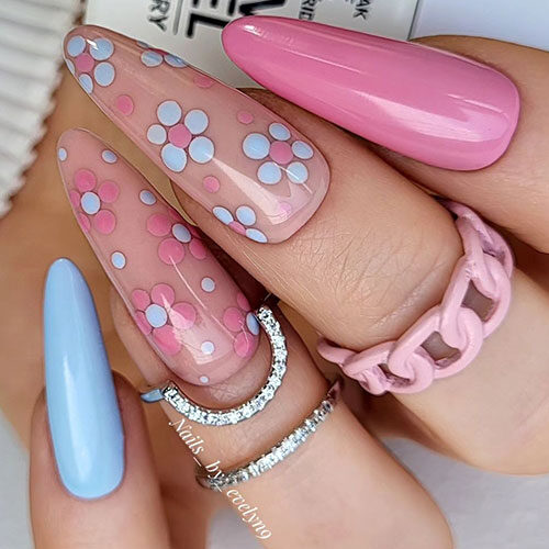 Long almond shaped pink and blue spring nails with floral accent nails are one of the best manicure designs for spring