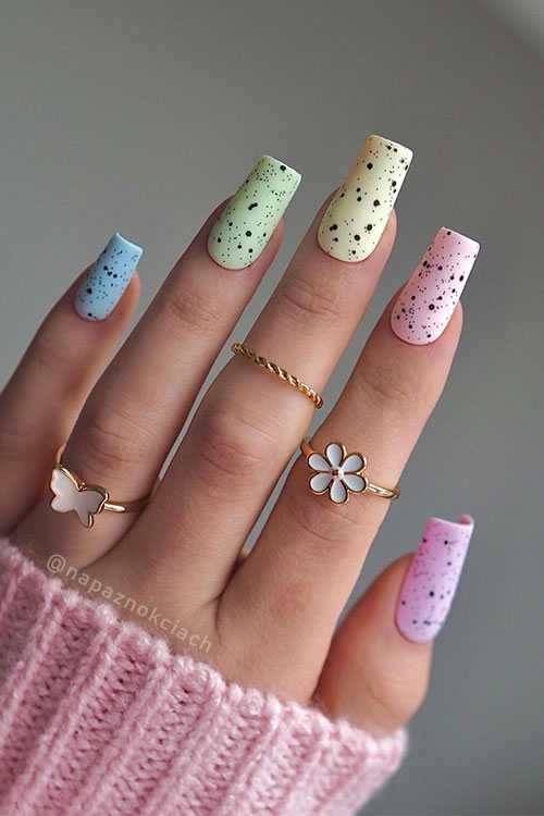 Long square-shaped speckled multicolored Easter nails are one of the best Easter nail design ideas for 2024