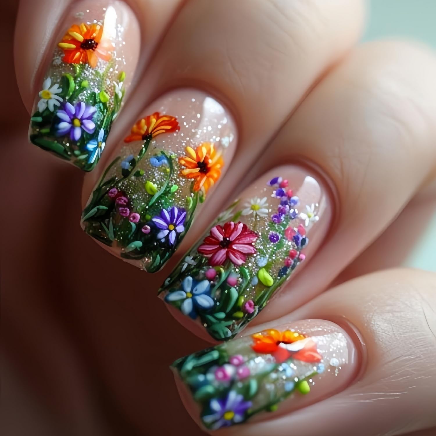 Flowers Press on Nails Short Square Shaped False Nails with Colorful Flower Design Spring Floarl Acrylic Nails Glitter Fake Nails Fully Cover Sparkly Stick on Nails for Women DIY Manicure 24 Pcs Flowers Press on Nails Short Square Shaped False Nails with Colorful Flower Design Spring Floarl Acrylic Nails Glitter Fake Nails Fully Cover Sparkly Stick on Nails for Women DIY Manicure 24 Pcs