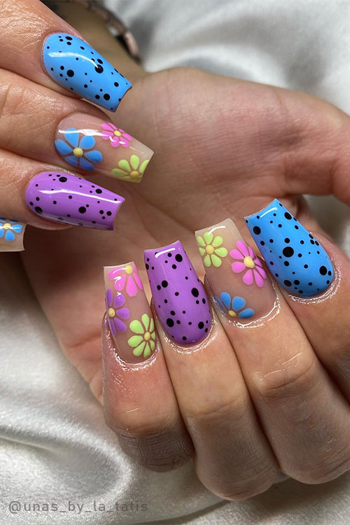 Coffin polka dot Easter nails with floral accents