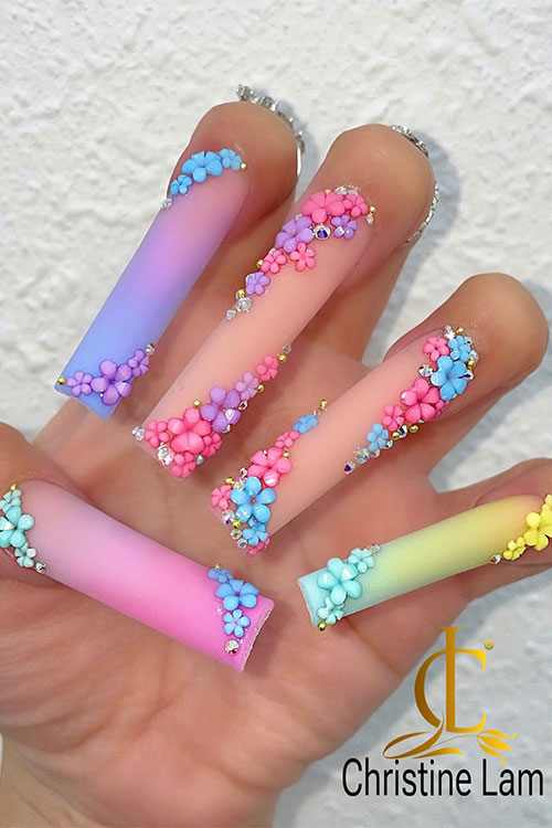 Long square-shaped matte ombre multicolored floral nails