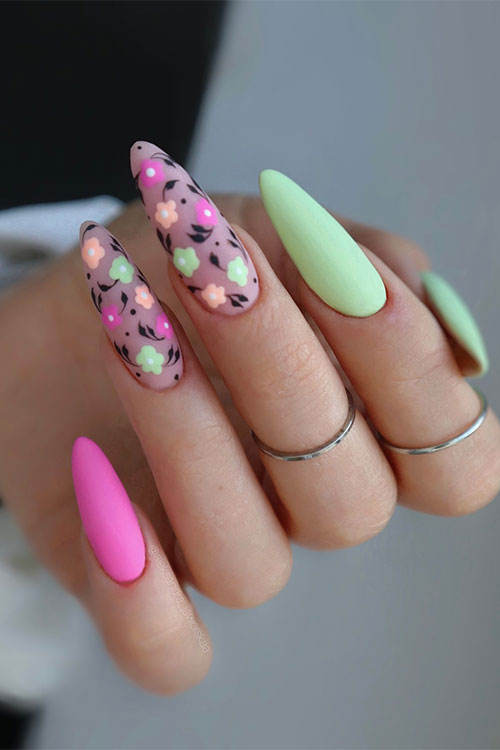 Matte Pink and Mint Green Nails Blossom into Spring