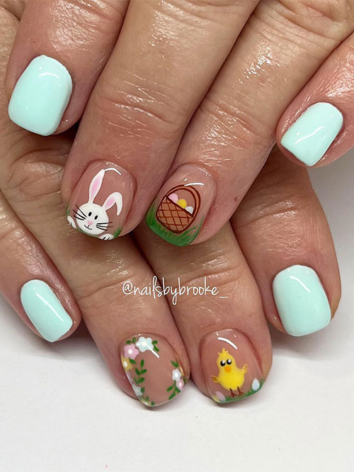 Short Easter nails with basket, chick, floral, and bunny nail art designs