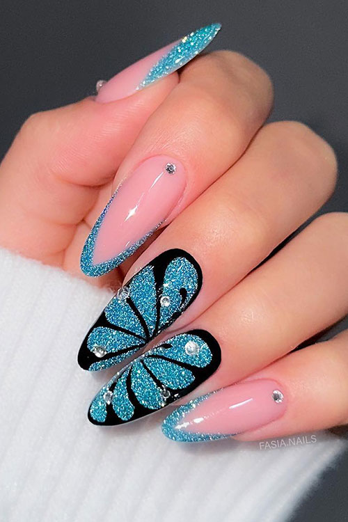 Sparkling French March Nails with Black Butterfly Wings Flutter with Delight!