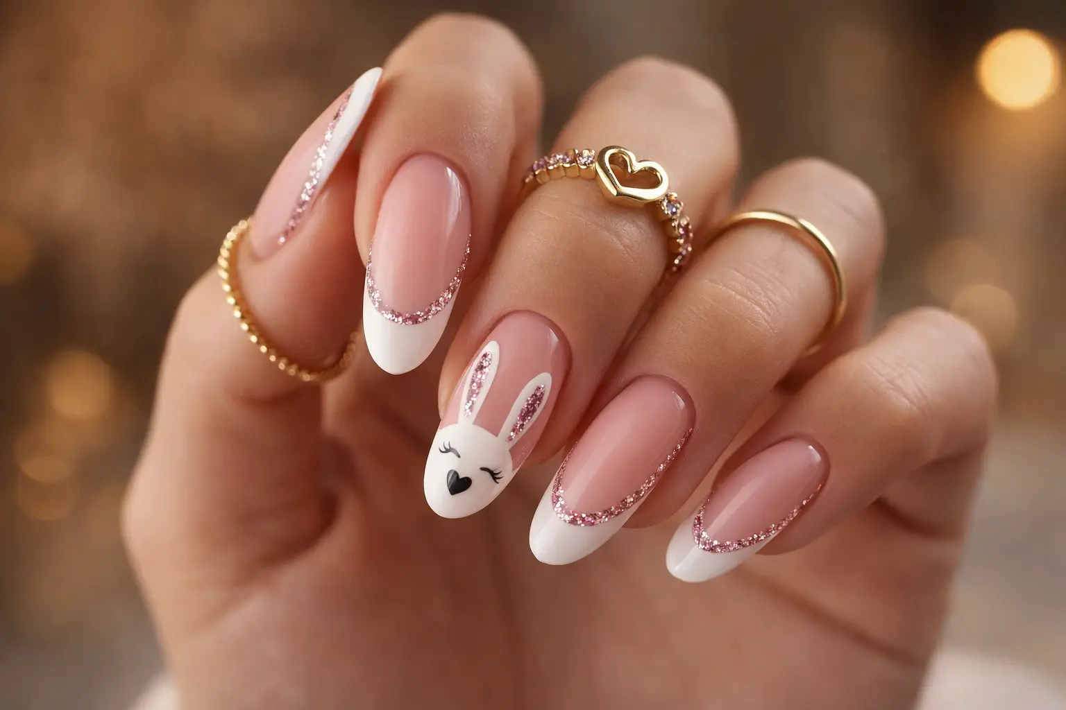 almond-shaped nails featuring soft pink and white French tips outlined with glittery pink accents and delicate bunny face art