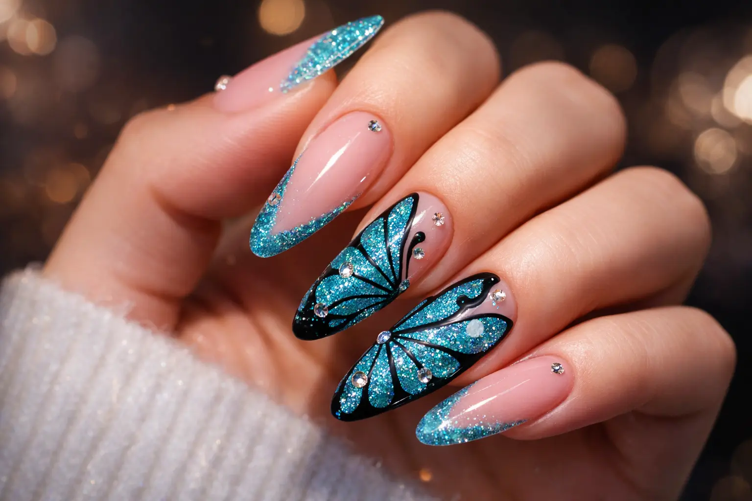 elegant almond-shaped march nails featuring nude pink and turquoise glitter ombre tips with butterfly wing accents and rhinestone