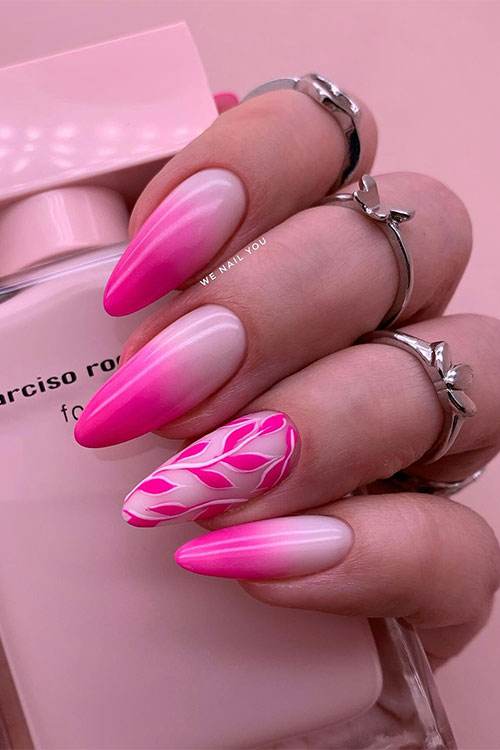 hot pink ombre nails almond with a nude accent adorned with hot pink leaf nail art is one of the best pink ombre nail designs