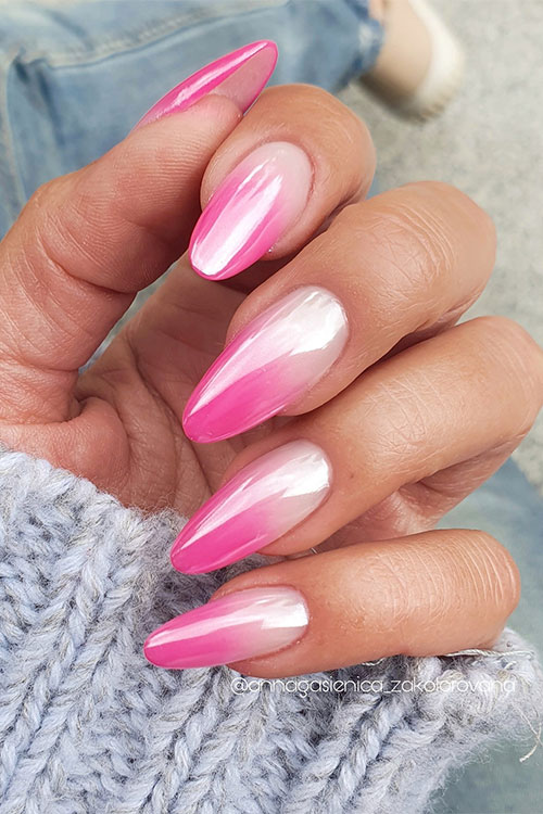 Simple hot pink French ombre nails with a sparkling chrome layer