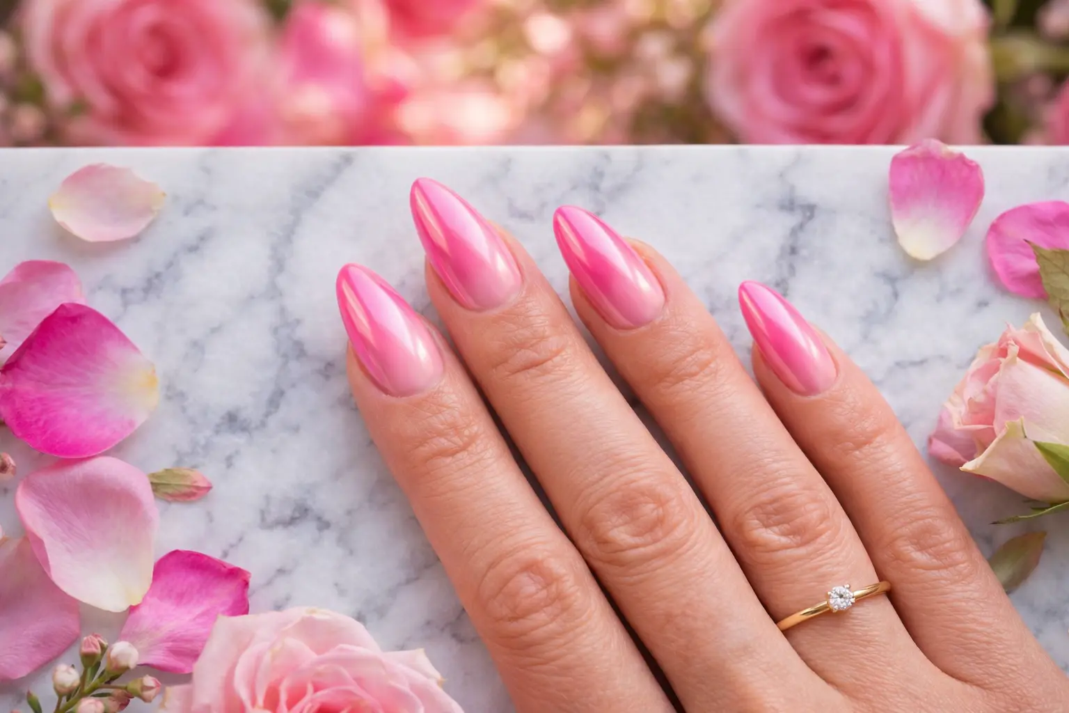 long almond-shaped pink ombre nail designs that transition from vibrant hot pink at the base to soft blush pink at the tips with a high-shine mirror chrome finish.