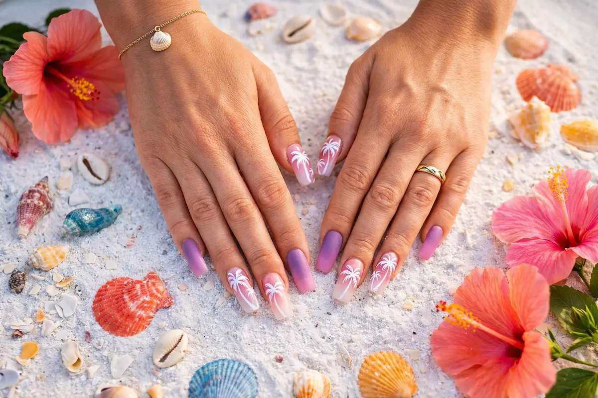 manicured hands on white sand featuring long square nails
