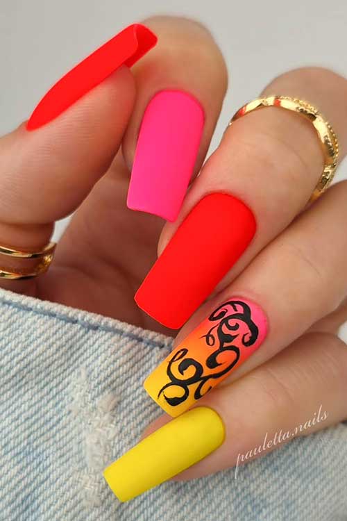 Eye-catching, vibrant neon nails in electric yellow, hot pink, vivid green, and neon orange are perfect for summer parties. Eye-catching, vibrant neon nails in electric yellow, hot pink, vivid green, and neon orange are perfect for summer parties.