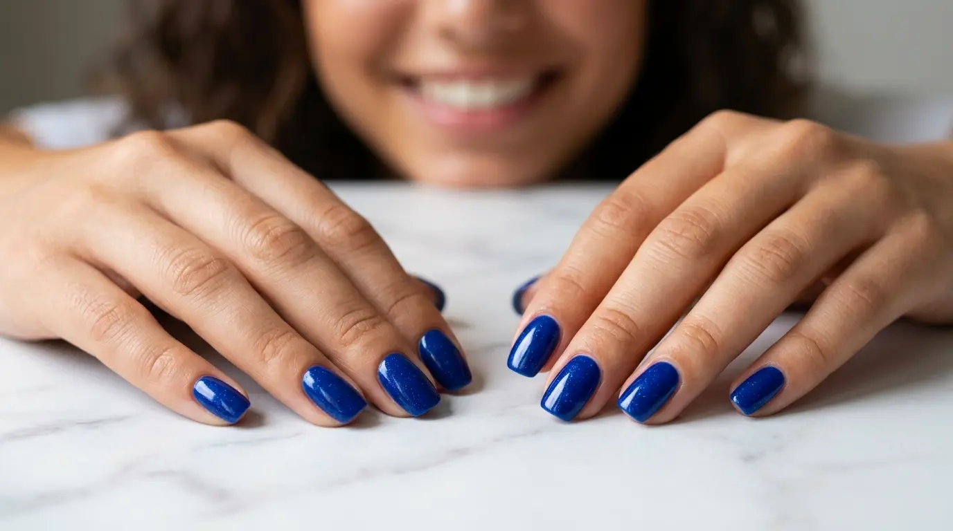 Close-up of elegant hands with glossy royal blue nails resting on a white marble surface