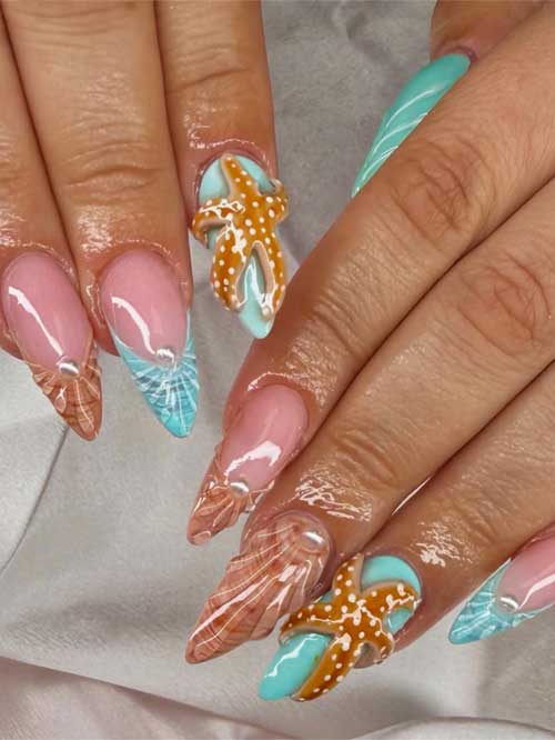Beach-themed stiletto nails with 3D starfish, seashell patterns, turquoise tips, and pearl accents for a summer vibe. Beach-themed stiletto nails with 3D starfish, seashell patterns, turquoise tips, and pearl accents for a summer vibe.