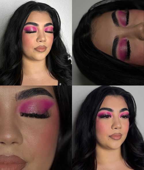 Bold pink eyeshadow with defined brows and false lashes, complemented by soft blush and nude lips for a glamorous look. Bold pink eyeshadow with defined brows and false lashes, complemented by soft blush and nude lips for a glamorous look.