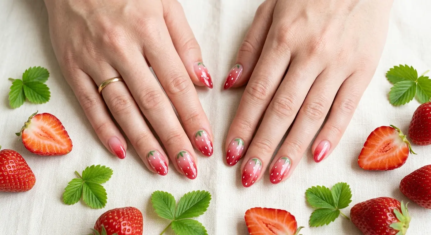 Close-up flat lay of two hands with long oval nails featuring a strawberry nails art design