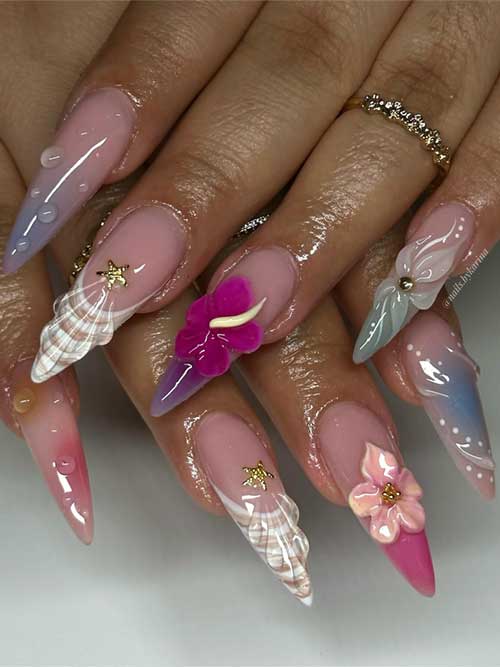 Colorful 3D seashells and hibiscus flowers adorn these whimsical summer nails, featuring a gradient and delicate water droplets. Colorful 3D seashells and hibiscus flowers adorn these whimsical summer nails, featuring a gradient and delicate water droplets.