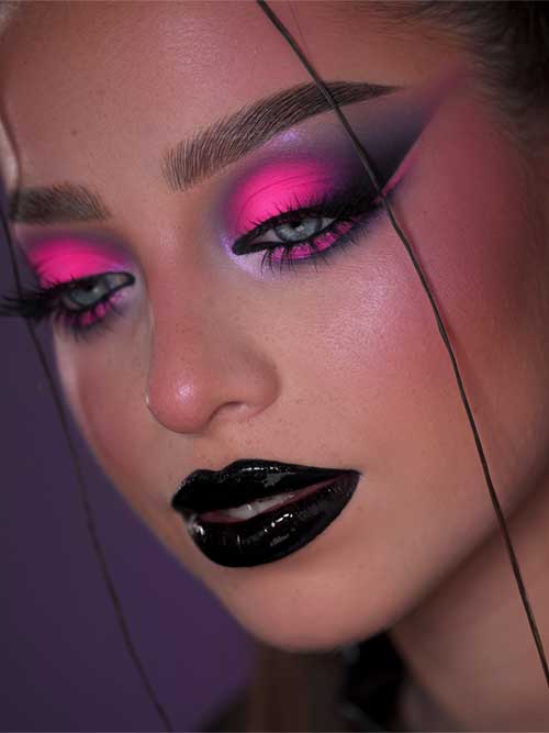 Edgy makeup featuring vibrant pink and purple eyeshadow, glossy black lips, and flawless skin for a dramatic, gothic style Edgy makeup featuring vibrant pink and purple eyeshadow, glossy black lips, and flawless skin for a dramatic, gothic style